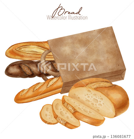 Watercolor illustration featuring bread in a paper bag surrounded by various loaves, rolls, and pastries. Perfect for bakery branding, menu, food packaging, cookbooks, recipes  136081677