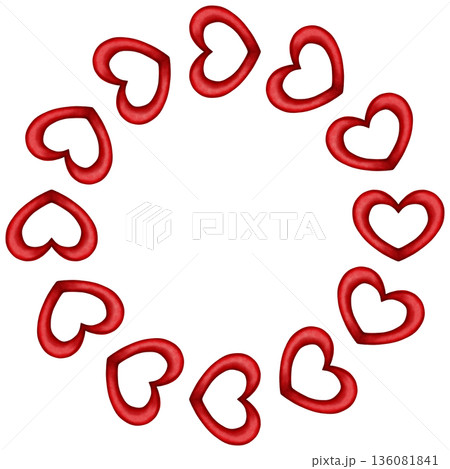 Hand-drawn watercolor illustration of a wreath with red hearts. Symbol of love, passion, and romance. Perfect for romantic designs, Valentine's Day and wedding invitations, packaging, textiles, cards 136081841