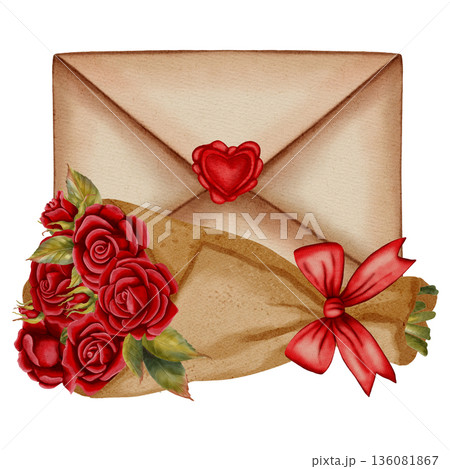 A hand-drawn watercolor illustration featuring a bouquet of roses, hearts, letters, and parchment. Perfect for romantic Valentine's Day designs, wedding invitations, packaging, and textiles. A hand-drawn watercolor illustration featuring a bouquet of roses, hearts, letters, and parchment. Perfect for romantic Valentine's Day designs, wedding invitations, packaging, and textiles. 136081867