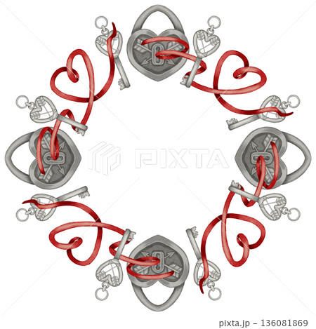 A watercolor illustration of a wreath with heart-shaped locks and keys. Perfect for romantic designs, Valentine's Day and wedding invitations, packaging, textiles, and cards. A watercolor illustration of a wreath with heart-shaped locks and keys. Perfect for romantic designs, Valentine's Day and wedding invitations, packaging, textiles, and cards. 136081869