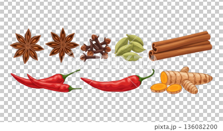 Vector illustration of assorted spices and herbs including star anise, cloves, cardamom, cinnamon, and chili peppers on a transparent background Vector illustration of assorted spices and herbs including star anise, cloves, cardamom, cinnamon, and chili peppers on a transparent background 136082200