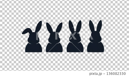 Vector illustration of four stylized rabbit silhouettes in various poses, showcasing distinct ear shapes and head profiles against a transparent background Vector illustration of four stylized rabbit silhouettes in various poses, showcasing distinct ear shapes and head profiles against a transparent background 136082330
