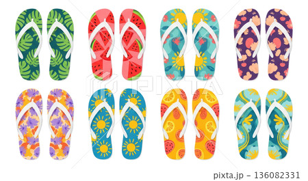 Vector illustration of multiple pairs of colorful summer flip flops arranged in a grid pattern with various vibrant designs and colors. Isolated on transparent background. 136082331