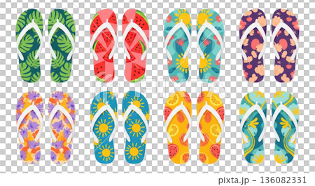 Vector illustration of multiple pairs of colorful summer flip flops arranged in a grid pattern with various vibrant designs and colors. Isolated on transparent background. 136082331