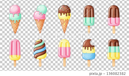 Watercolor illustration of a colorful ice cream icon set featuring various ice cream cones and popsicles on a transparent background 136082382