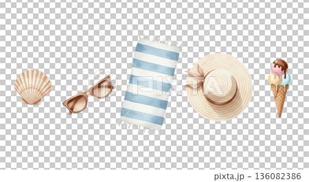 Watercolor illustration featuring beach essentials including a shell, sunglasses, towel, straw hat, and ice cream cone on a transparent background 136082386