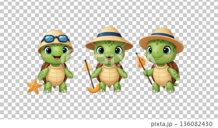 Cartoon style illustration of three cute turtles wearing hats and sunglasses, each holding beach accessories on a transparent background Cartoon style illustration of three cute turtles wearing hats and sunglasses, each holding beach accessories on a transparent background 136082430