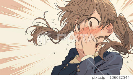 突然の出来事に驚く赤面した少女のリアクション 136082544