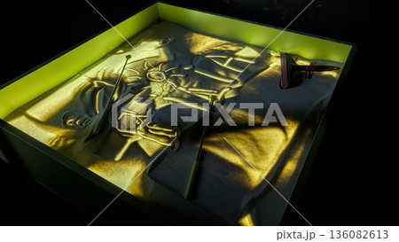 Bright Green Engraved Sand Art, Sculpted Sand Display With Moody Illumination And Textured Detail Bright Green Engraved Sand Art, Sculpted Sand Display With Moody Illumination And Textured Detail 136082613