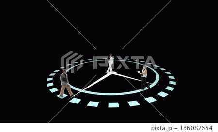 Strategic mixed media leadership meeting around circular timeline. 136082654