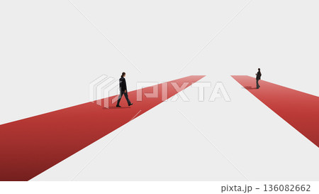 Minimalist artwork business professionals walking on red directional paths. Minimalist artwork business professionals walking on red directional paths. 136082662