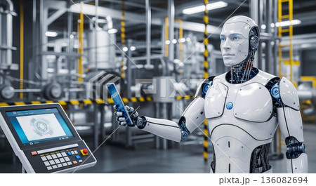 Realistic humanoid robot holding digital tablet controlling factory machinery industrial manufacturing automation engineering cyborg worker future technology concept Realistic humanoid robot holding digital tablet controlling factory machinery industrial manufacturing automation engineering cyborg worker future technology concept 136082694