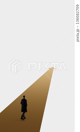 Digital artwork of business professional positioned on golden arrow. Digital artwork of business professional positioned on golden arrow. 136082709