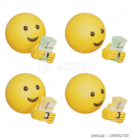 3D rendered cartoon emoji character counting Korean won banknotes 136082720