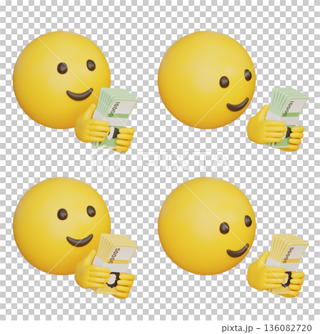 3D rendered cartoon emoji character counting Korean won banknotes 136082720