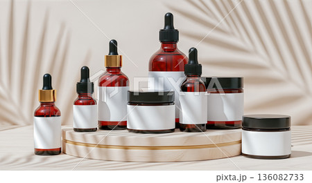 Cosmetic bottle mockup set on wooden podium with palm leaf shadow amber glass jar for skin care product packaging display design Cosmetic bottle mockup set on wooden podium with palm leaf shadow amber glass jar for skin care product packaging display design 136082733