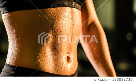 Close up of athletic young woman muscular belly with sweat drops in gym interior showing perfect six pack abs results 136082739