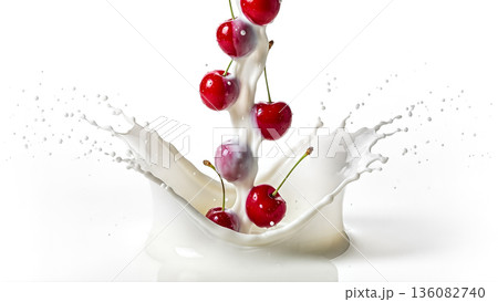 Fresh red cherries falling into white milk splash column isolated on white background with copy space for healthy food concept Fresh red cherries falling into white milk splash column isolated on white background with copy space for healthy food concept 136082740