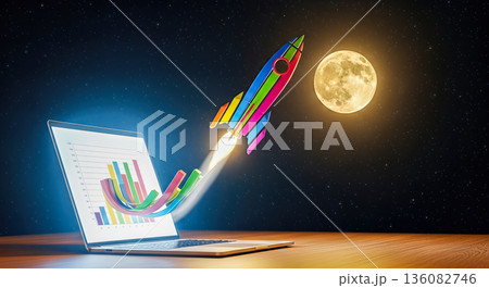 colorful rocket launching from laptop screen with 3D bar charts graphs flying towards full moon space background startup business growth success financial profit concept colorful rocket launching from laptop screen with 3D bar charts graphs flying towards full moon space background startup business growth success financial profit concept 136082746