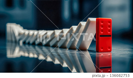 Red domino tile stopping falling white row concept leadership strength resistance unique individuality business strategy standing out from crowd crisis Red domino tile stopping falling white row concept leadership strength resistance unique individuality business strategy standing out from crowd crisis 136082753