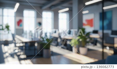 Blurred background of modern open plan office interior with desks and computers without people for business environment background concept 136082773