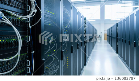 Interior of modern data center with rows of black server racks and cables for cloud computing and internet infrastructure technology concept Interior of modern data center with rows of black server racks and cables for cloud computing and internet infrastructure technology concept 136082787