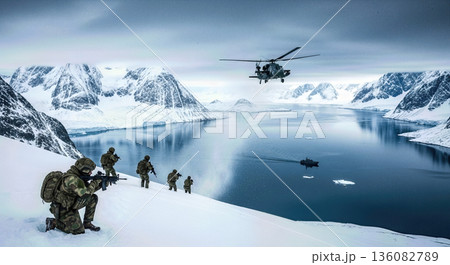 Special forces soldiers kneeling snow hill overlooking ocean bay helicopter flying ship sailing arctic coast operation military defense tactical mission concept Special forces soldiers kneeling snow hill overlooking ocean bay helicopter flying ship sailing arctic coast operation military defense tactical mission concept 136082789