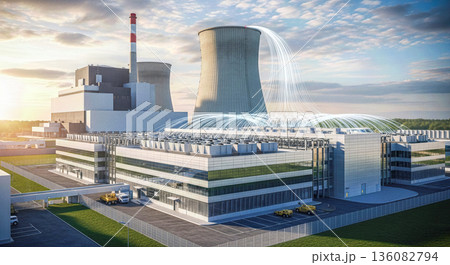 Digital light data streams connecting nuclear power plant cooling towers energy supply for artificial intelligence server farm technology concept 136082794