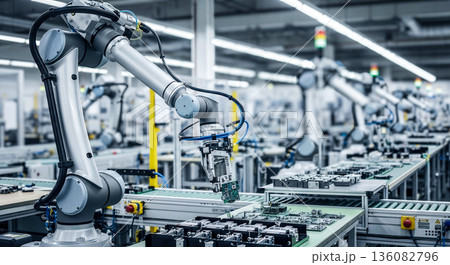 Futuristic industrial robotic arms assembling electronic circuit boards on conveyor belt in modern smart factory with blurred background for automation technology concept Futuristic industrial robotic arms assembling electronic circuit boards on conveyor belt in modern smart factory with blurred background for automation technology concept 136082796