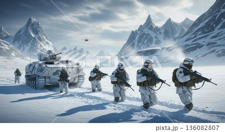 Soldiers wearing white winter camouflage uniform holding rifles walking snow mountains armored vehicle tank background arctic military operation patrol warfare concept Soldiers wearing white winter camouflage uniform holding rifles walking snow mountains armored vehicle tank background arctic military operation patrol warfare concept 136082807