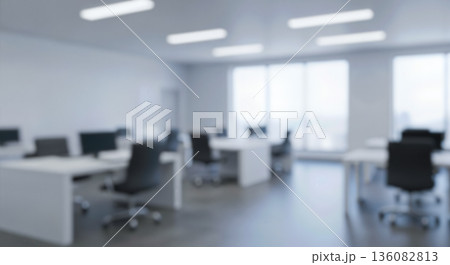 blurred background spacious corporate office interior with white desks and black chairs open space business workspace environment professional company headquarters meeting room design 136082813