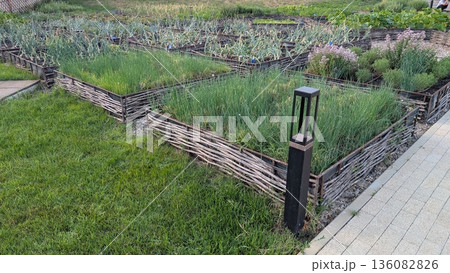 A Beautiful Herb Garden Featuring an Elegant Fence and Tasteful Outdoor Lighting Features A Beautiful Herb Garden Featuring an Elegant Fence and Tasteful Outdoor Lighting Features 136082826