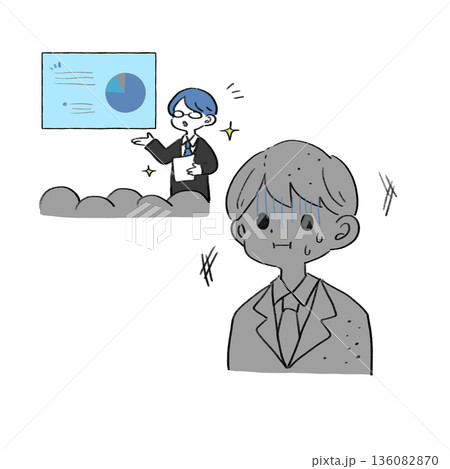 プレゼンの順番を待ちながら緊張する男性のイラスト 136082870