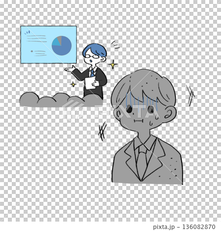 プレゼンの順番を待ちながら緊張する男性のイラスト 136082870