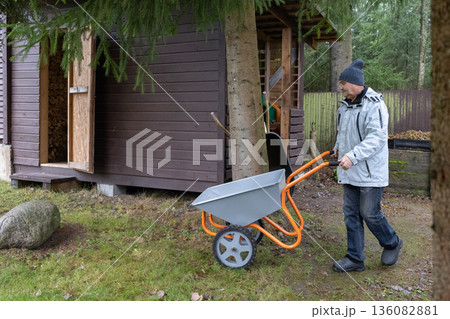 Man moving stacked logs in wheelbarrow near house and fence on rural property during cool season. 136082881