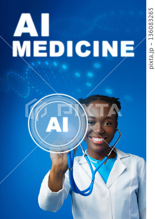 Health worker presents ai medicine with a stethoscope in a bright background Health worker presents ai medicine with a stethoscope in a bright background 136083265