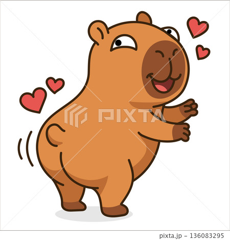 Funny cartoon capybara dancing and wagging tail with red hearts, cute animal character vector in playful love pose, cheerful illustration for Valentine's Day and social media isolated. 136083295