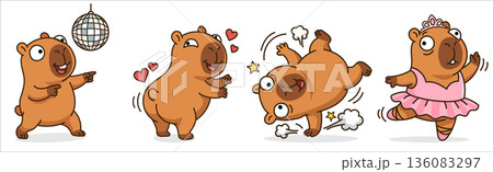 Funny capybara character set featuring disco dancer, romantic lover with hearts, breakdancer, and ballerina in pink tutu, cute cartoon animal mascot collection for stickers and design. Funny capybara character set featuring disco dancer, romantic lover with hearts, breakdancer, and ballerina in pink tutu, cute cartoon animal mascot collection for stickers and design. 136083297