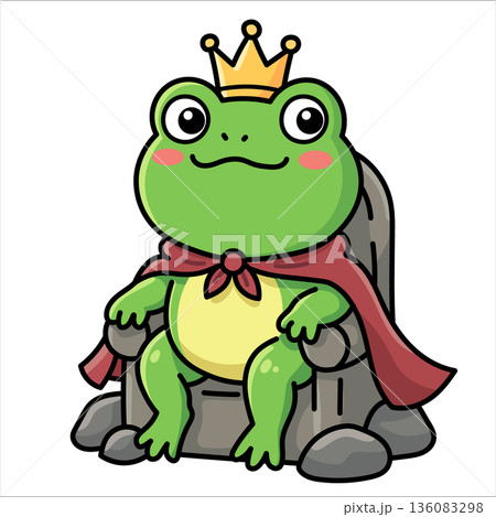 Cute frog king sitting on stone throne with golden crown and red cape. Adorable green toad prince character in kawaii style for fairy tale nursery decor and whimsical children design. 136083298