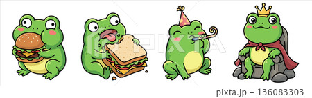 Cute frog sticker set with funny green character eating burger and sandwich, celebrating birthday with party horn, and sitting on throne as king with crown and royal cape in kawaii style. 136083303