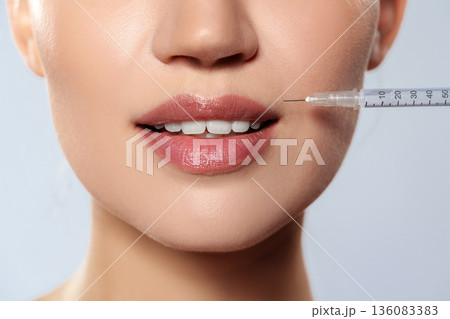 Woman receiving injection for lip enhancement in cosmetic clinic during daytime Woman receiving injection for lip enhancement in cosmetic clinic during daytime 136083383