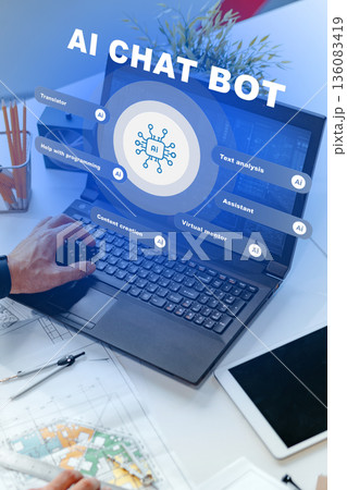 Exploring AI chat bot features at a desk with tools and a laptop in a workspace 136083419