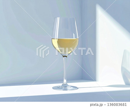 Gourmet experience in romantic evening. Elegant Wine Glass filled with white wine. Sunny reflections. Gourmet experience in romantic evening. Elegant Wine Glass filled with white wine. Sunny reflections. 136083681