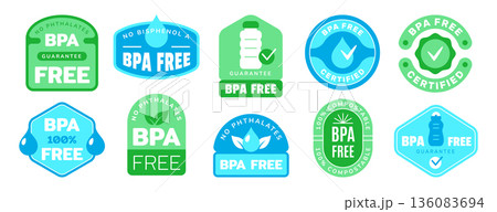 Bpa free badge logo, no bisphenol a and phthalates symbols 136083694