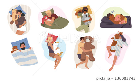 Diverse people characters sleeping peacefully with favorite toy isolated cartoon scenes set Diverse people characters sleeping peacefully with favorite toy isolated cartoon scenes set 136083743