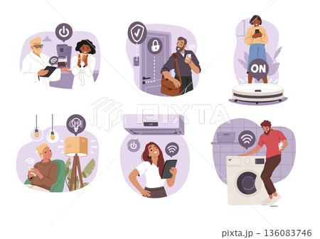 Diverse people characters using smart home appliances and WiFi technology cartoon scenes set 136083746