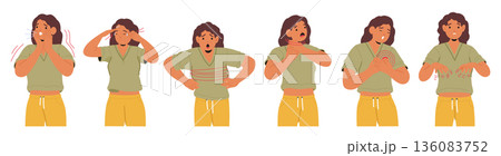 Woman experiencing most common symptoms of panic attack isolated set of character on white Woman experiencing most common symptoms of panic attack isolated set of character on white 136083752
