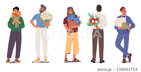 Men cartoon characters with bouquets of flowers in hands standing in different poses isolated set 136083754