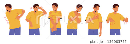 Male cartoon character demonstrating various panic attack symptoms isolated set on white background 136083755