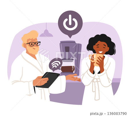 Happy married couple cooking coffee using smart home appliances and Wi-Fi technology scene Happy married couple cooking coffee using smart home appliances and Wi-Fi technology scene 136083790